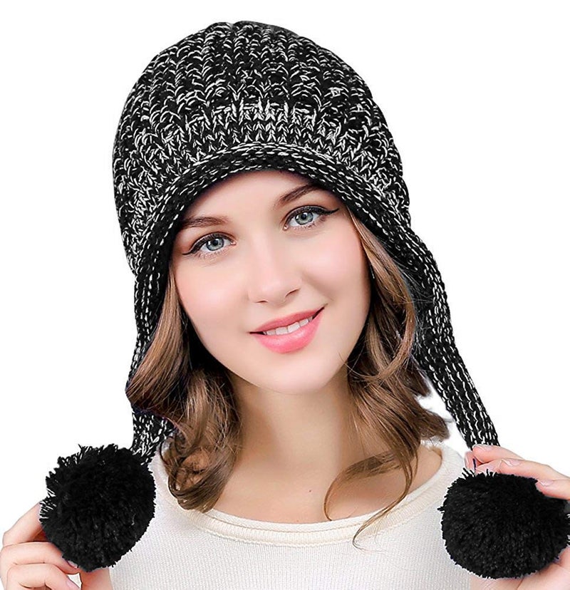 DOCILA Winter Knit Hats for Women Soft Faux Fur Pom Ear Flaps Beanie Warm Travel Ear Covers Peruvian Hat Fleece Liner Sherpa Skii Snow Camping Skully Cap (Black) - Image 2